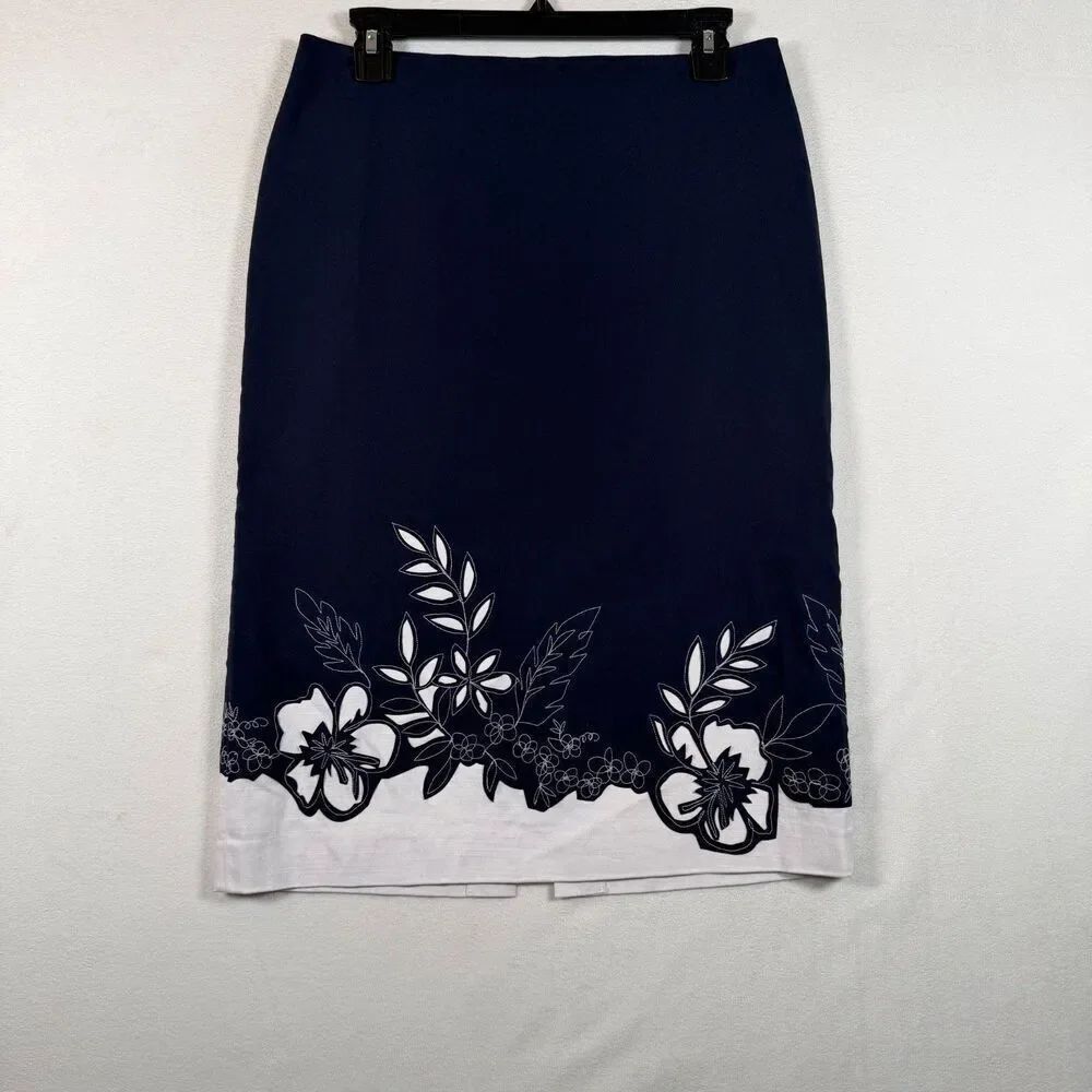 Spanner Floral Pencil Skirt Women’s 6 Navy Blue White Lined Knee Length